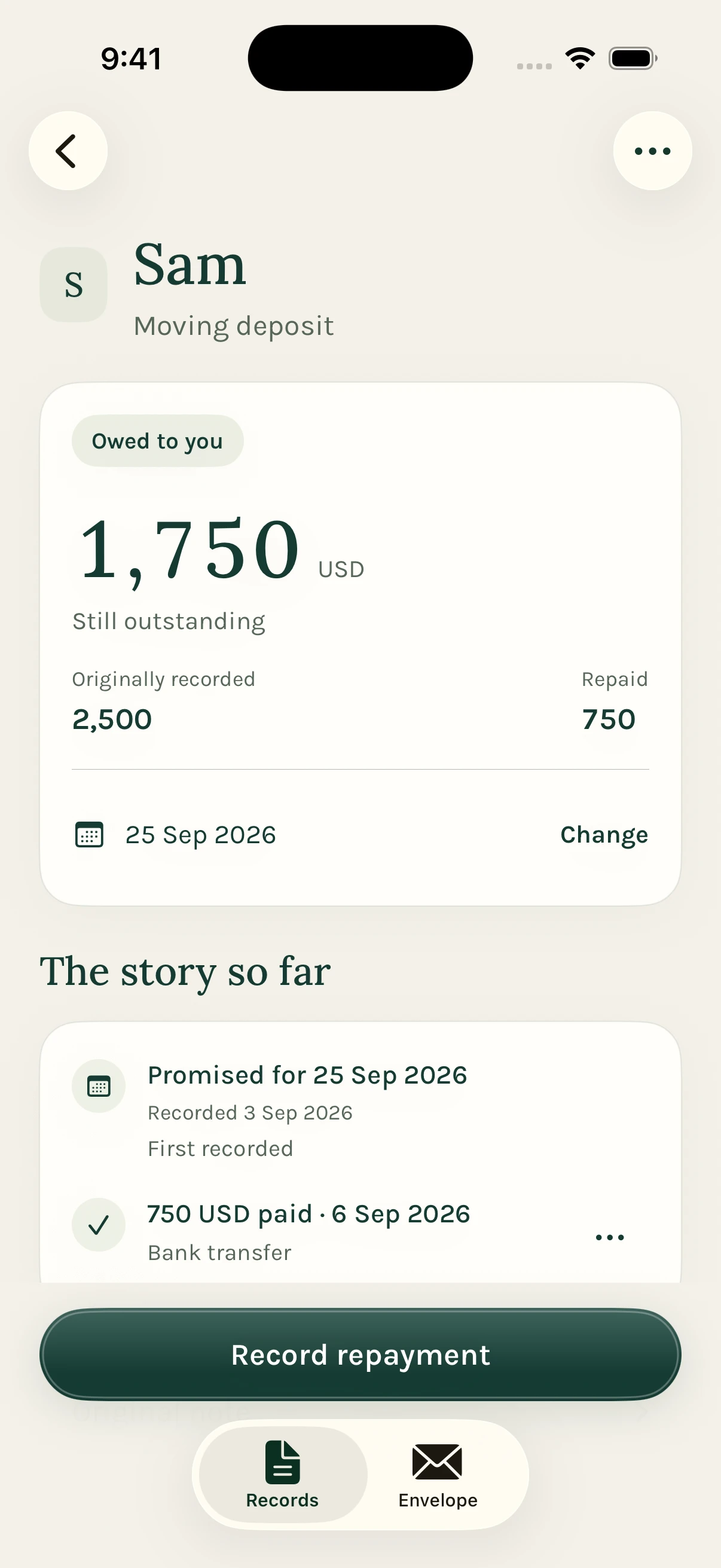 Sam’s record in Remaini: 1,750 USD outstanding, 2,500 originally recorded, 750 repaid, and the repayment history.