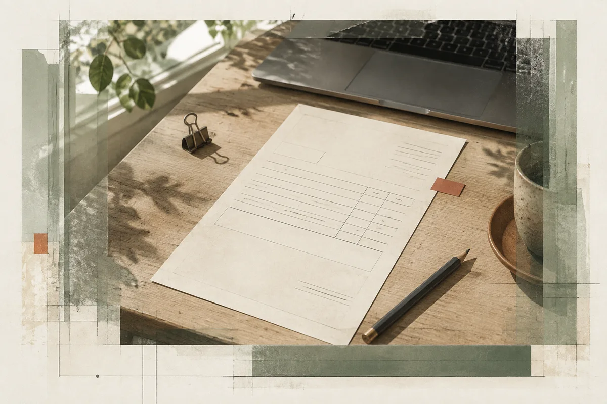 An invoice sheet, pencil and laptop on a sunlit desk, layered with sage paper textures and fine drafting lines.