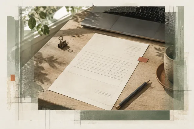 An invoice sheet, pencil and laptop on a sunlit desk, layered with sage paper textures and fine drafting lines.