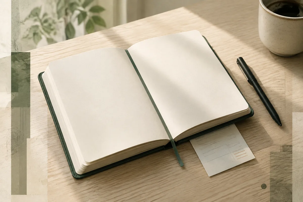 An open notebook, pen and transfer receipt on a kitchen table, in a soft green paper collage.