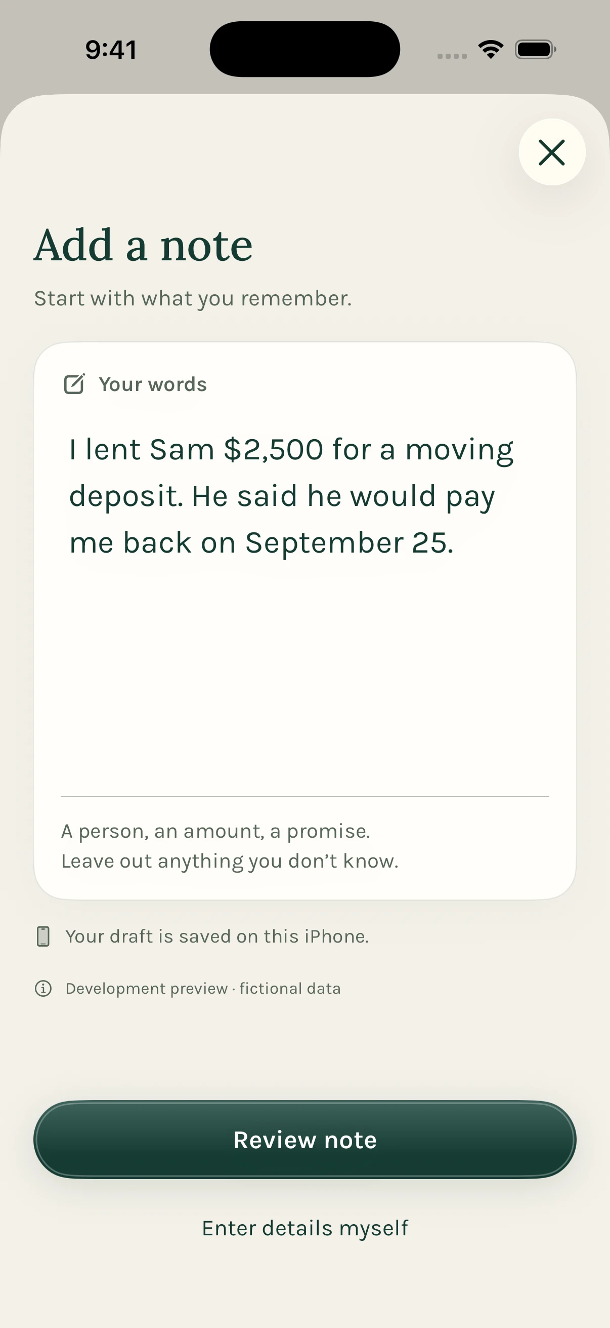 Remaini’s Add a note screen with a loan of $2,500 to Sam for a moving deposit, to be repaid on September 25.