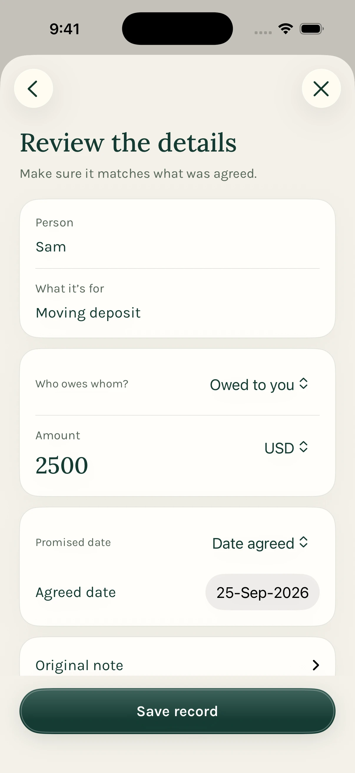 Remaini’s editable Review screen showing Sam, a moving deposit, $2,500 owed to you and the agreed September 25 date.
